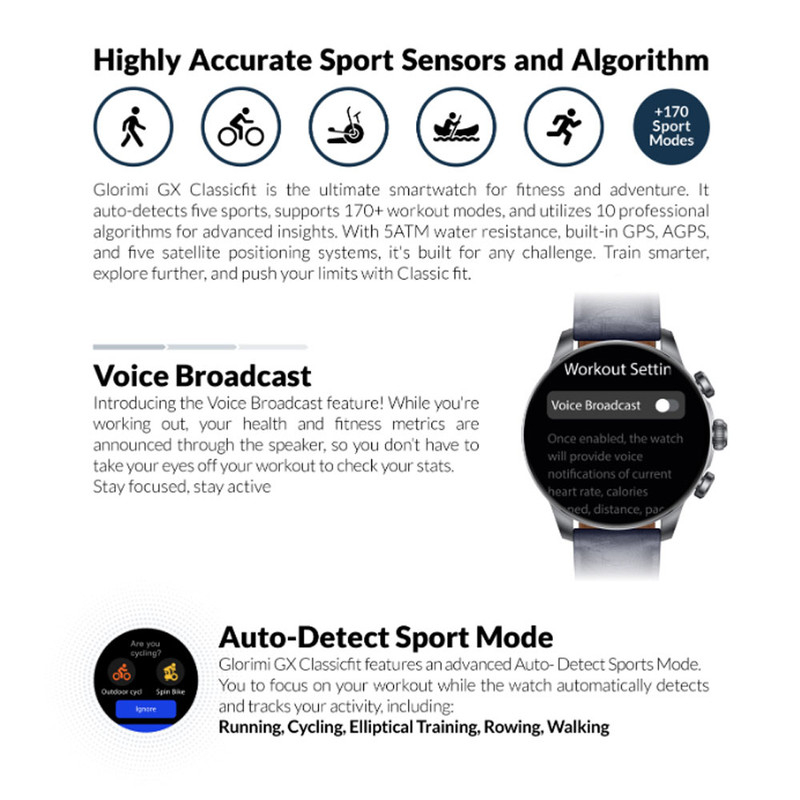 ساعت هوشمند 47 میلی متری گلوریمی مدل GX CLASSICFIT (LIMITED EDITION) بند چرمی